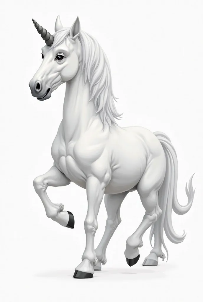 Make a semi-realistic drawing of a creature with the body of a horse, with a horn on its forehead that has an irregular structure the same color as its body, with the elongated tail of a lion. Y is totally white with long, smooth manes