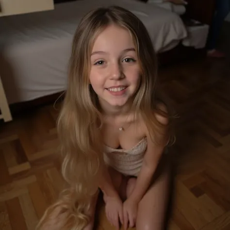 Very realistic photo of 14yo young girls, ager, tiny , naked ,  kneeling on the parquet floor in a bedroom at night, naked viewed from above, braces,  Open mouth, wet face, Naked,  big lips, Long silver hair , green eyes , flat chest , beautiful thighs , s...