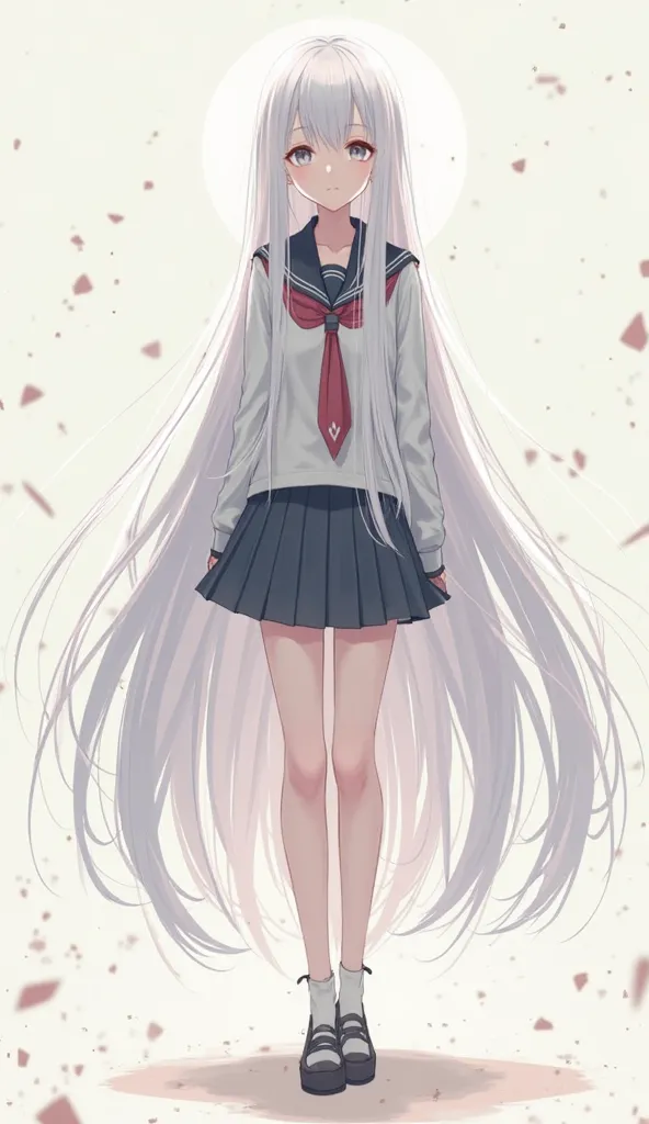  Anime style girl, long straight white hair up to the feet, full body, Standing pose, school uniform