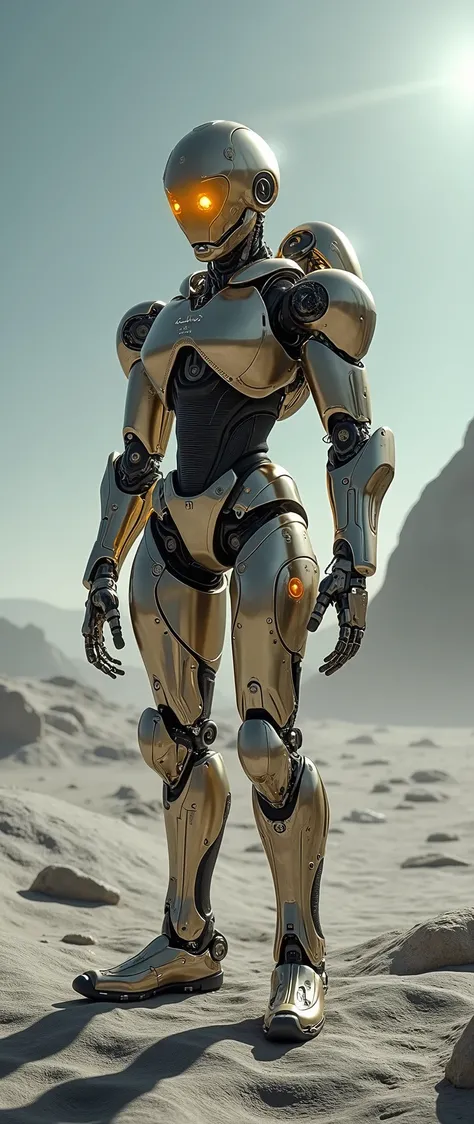 (masterpiece、high resolution、Immersive photos、photoshoot)、eyes of machines that arrived on the surface of the moon、aliens、全身high resolution画像、sand、robot human details、My golden eyes、 サイバーパンクな見た目 月面に到着したaliensの型のロボット、 Looks bright