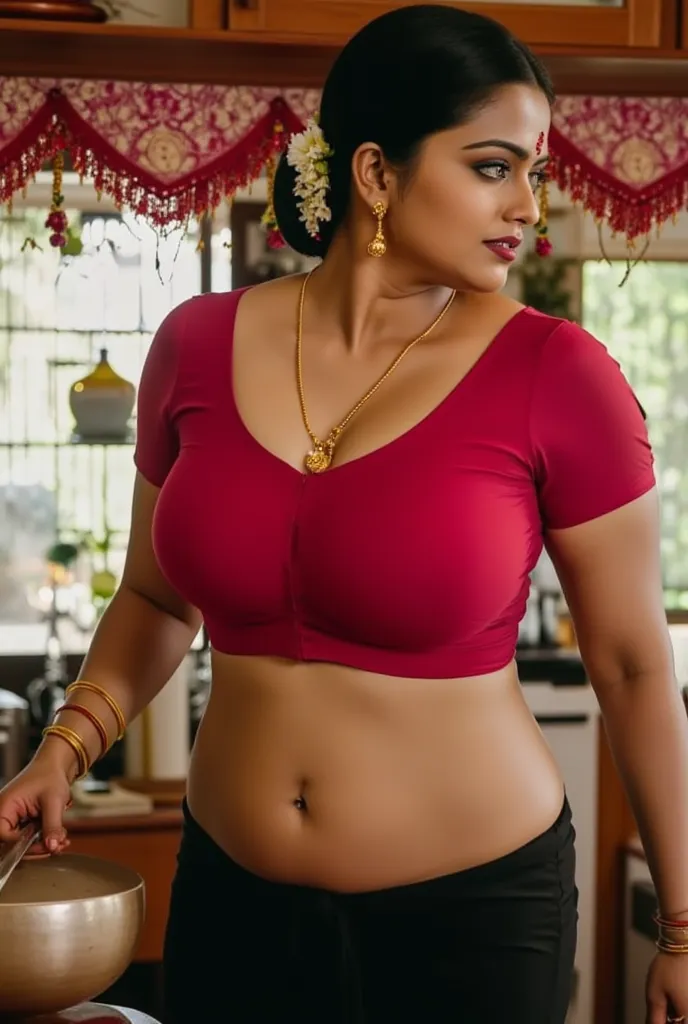 Side view of busty woman,cooking in kitchen,her curvy waistline is exposed,in red blouse and black saree,deep navel, mangalsutra in neck,bindi,hair bun,flowers around hair,bangles in hand,wooden building kitchen kitchen ,sunrays penetrating through window ...