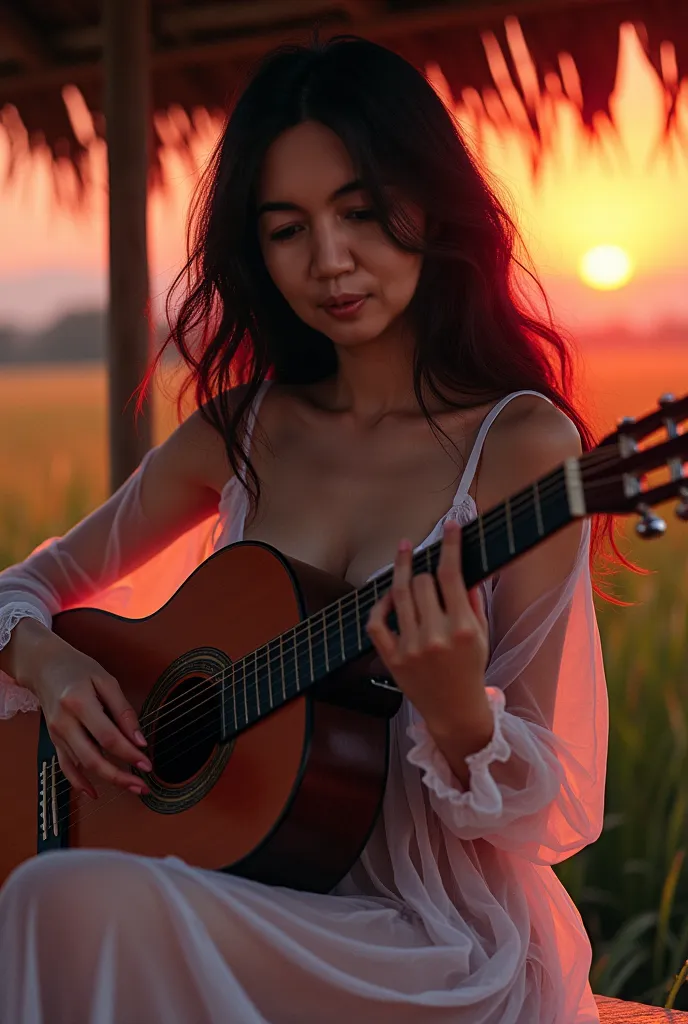 Realistic painting, Comic Style, 2.5D comic, Halftone dot, Realistic photo, High Quality, Masterpiece, a realistic photo of Malay woman wears sexy white transparent mesh nightdress playing an acoustic guitar. sitting in a small hut on the edge of a rice fi...