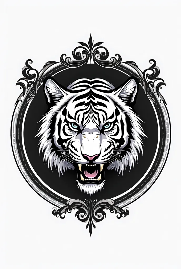 Realistic anime style of the design of a tiger's head, coat of arms, done in black and white on a white sheet. symbol