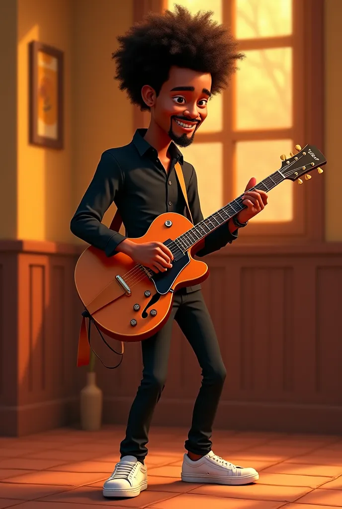 Pixar style man,  Afro short black hair, with goatee,  playing guitar , black blouse black pants,  and white sneakers  .
