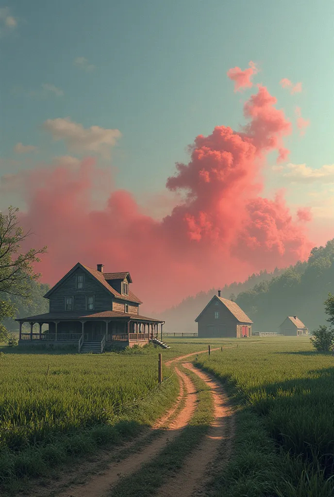 A farm and behind it is coming a red mist