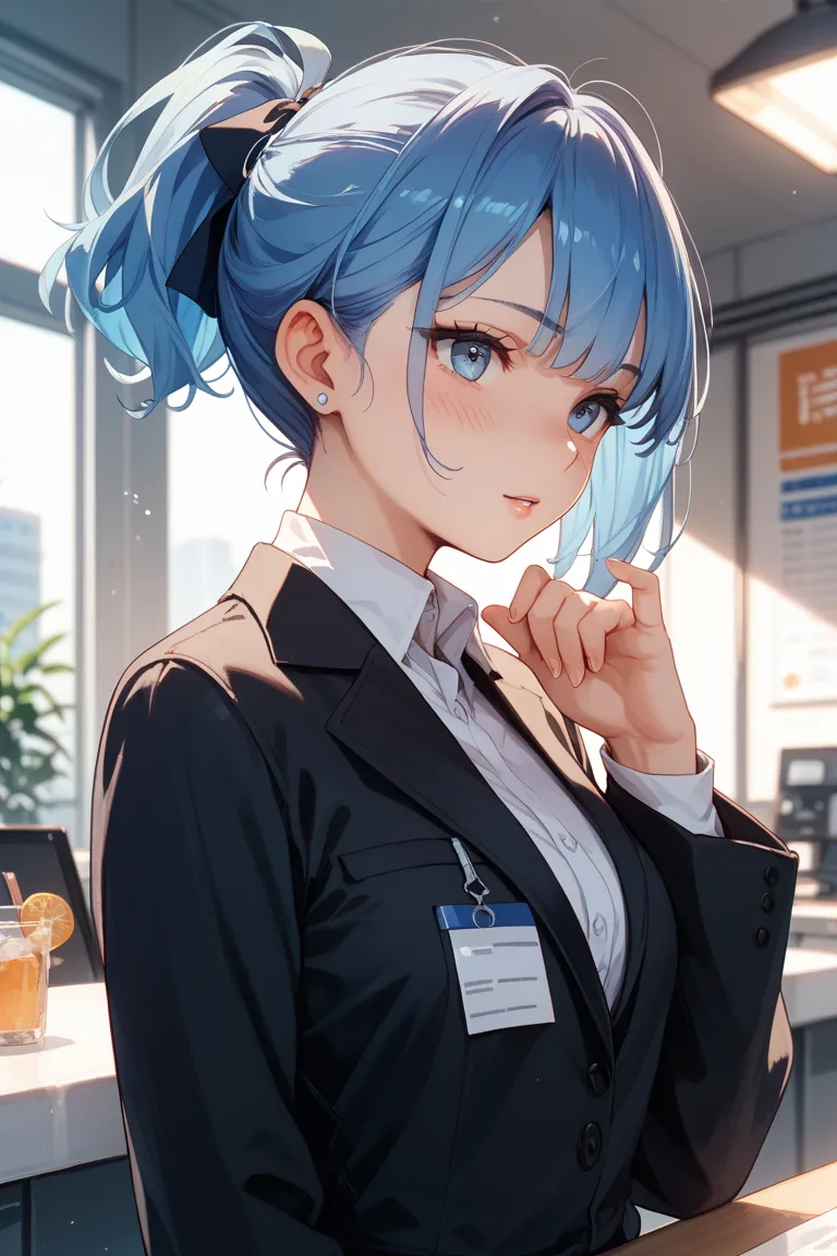 1 girl、、blushing、short hair、black suit、ponytail、Blue hair color、company employee