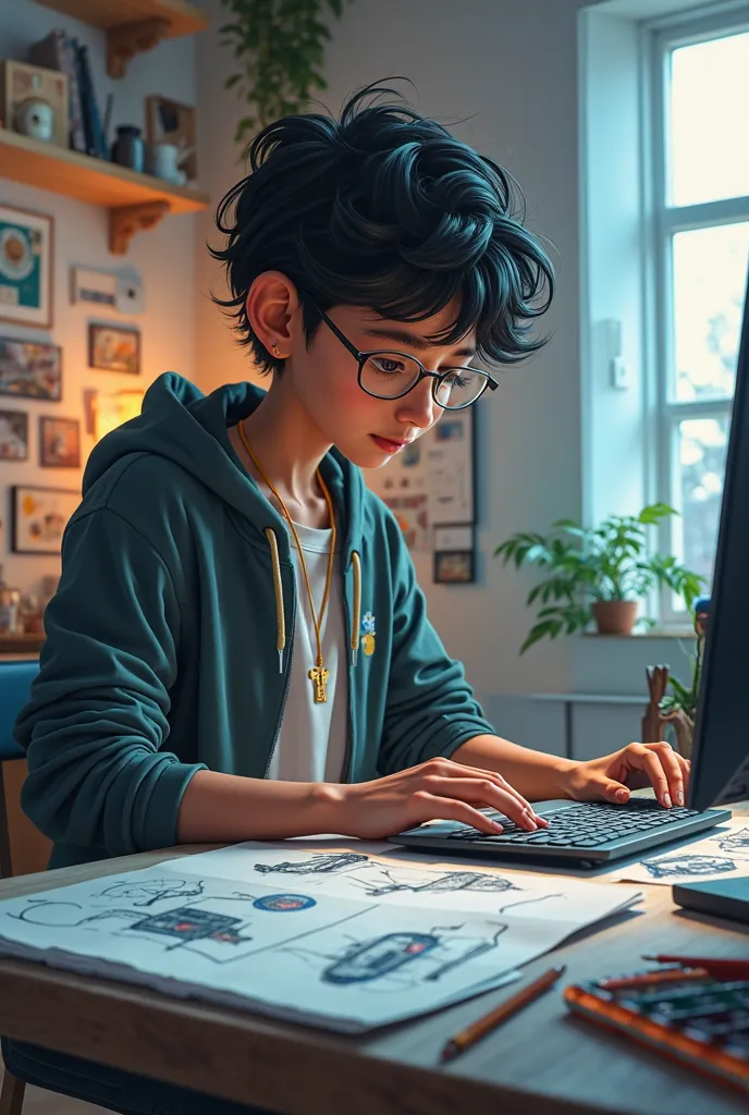 Young creative (representing Milito Mejía) working on a computer, reviewing sketches, coding and showing presentations.