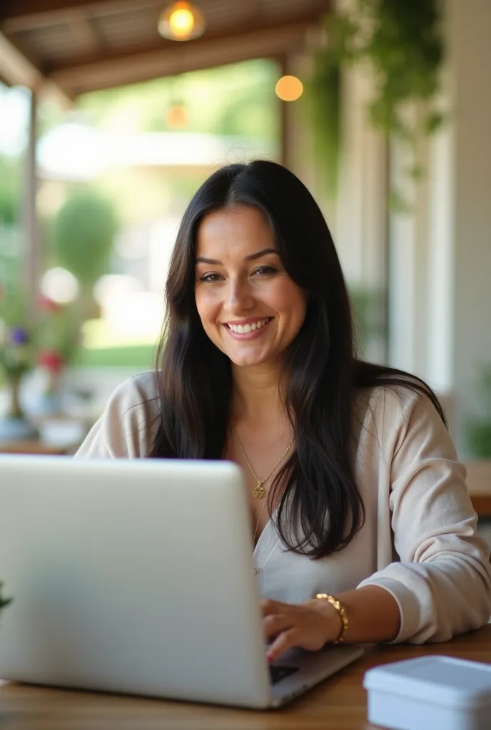 Generate a very realistic and natural photo of a 40-year-old woman, Half chubby long straight hair slipped long black, Take makeup use gold accessories, is smiling wearing a purple blouse jeans pants she is working with an Apple notebook on a table in an o...