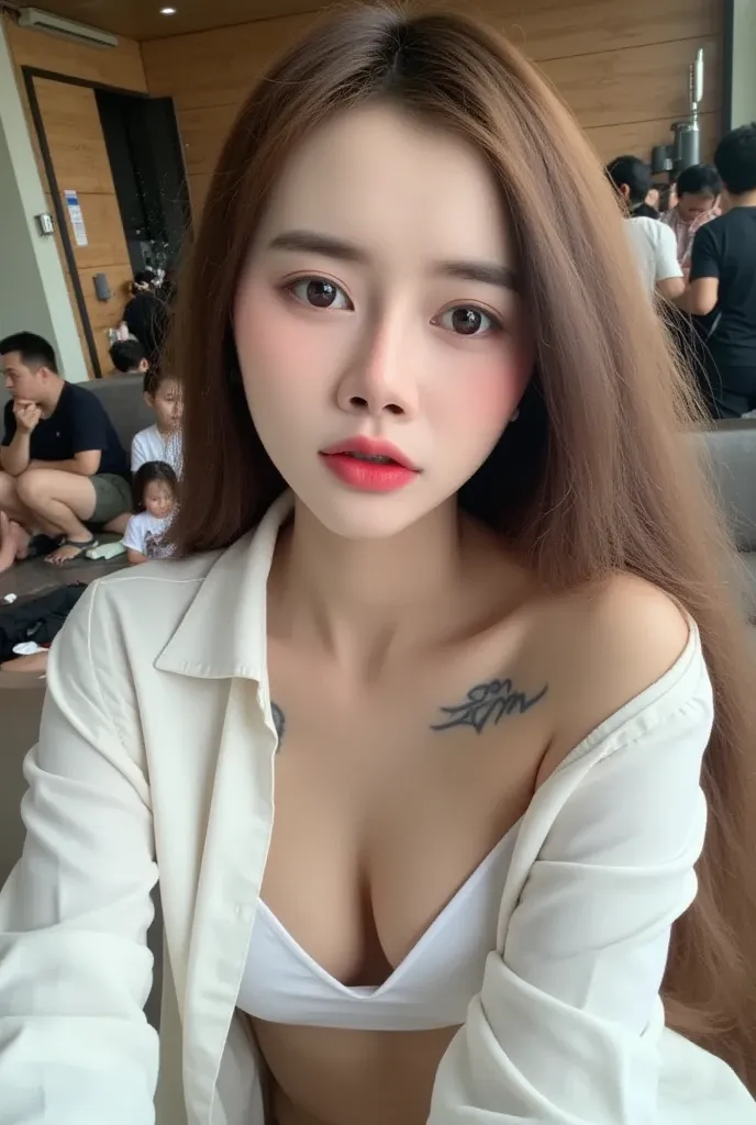 25 years old Korean girl. Masterpiece. Realistic. Cinematic quality. Smooth skin. Facial details, clear focus. The light hits her skin making her stand out (natural light, afternoon light). Natural breasts. She's wearing an unbuttoned white shirt. Bare che...