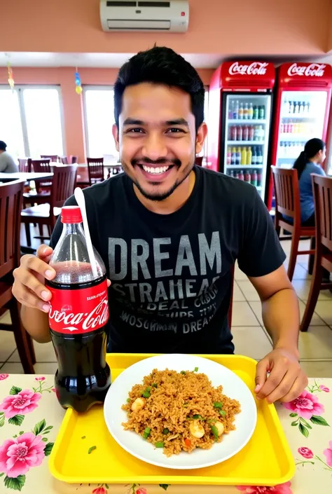 The image depicts a man with short black hair, a well-groomed beard, and a medium build sitting at a table in a casual restaurant. He has a wide smile, showing his teeth, and appears to be in a cheerful mood. His eyes are slightly squinted, and his eyebrow...