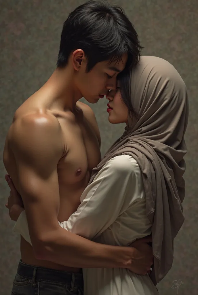 a young man with short black Asian hair completely naked hugs a beautiful hijab woman from behind 