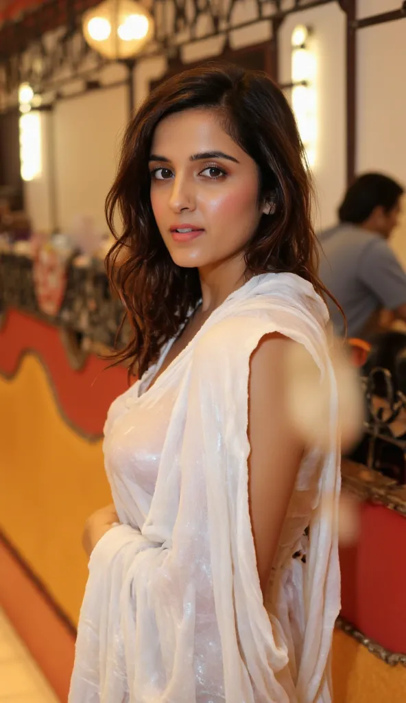 A dazzling shot of a woman with long dark brown hair standing, a wet white saree in a nicely warm and cozy lit cafe. Her eyes are wide open, and her lips are pink. and the woman's hair cascades over her shoulders,shirleys, visible nipples 