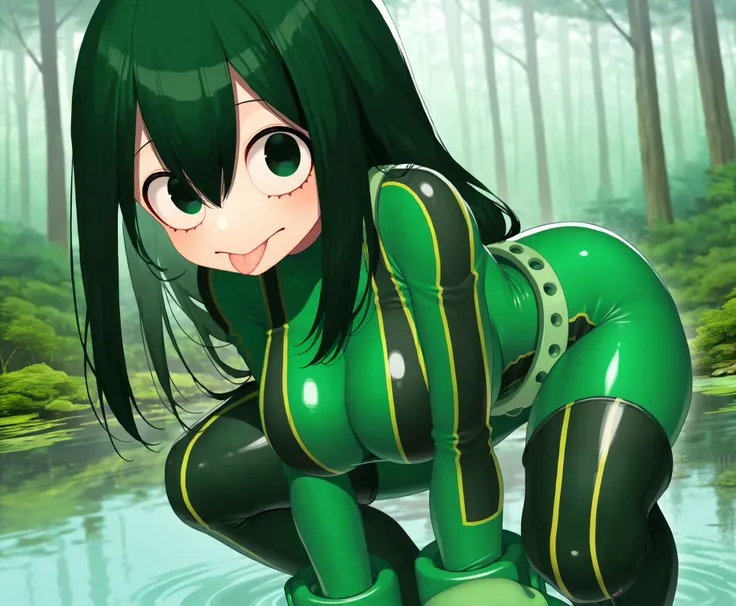 ((tsuyu asui)), ((masterpiece)), ((high resolution)), ((solo portrait)), {(attractive figure), (large breasts), (beautiful legs), (round face), (long dark green hair), (cute dark green eyes), (tongue out), (cute blank look)}, {(hero outfit), (bodysuit)}, {...