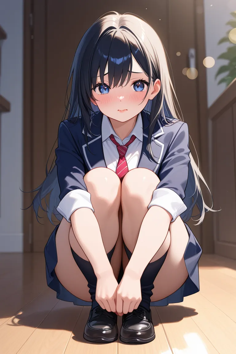 1 girl、 black hair、long hair、Skirt,boosting、from below、JK uniform、 pants、M-shaped open legs、full body、embarrassed expression、Puffy Lips、masterpiece、top quality、uncorrected、4K、8k、high resolution、Masterpiece、Ultra Details、HDR、UHD、studio lighting、ULTRA FINE P...