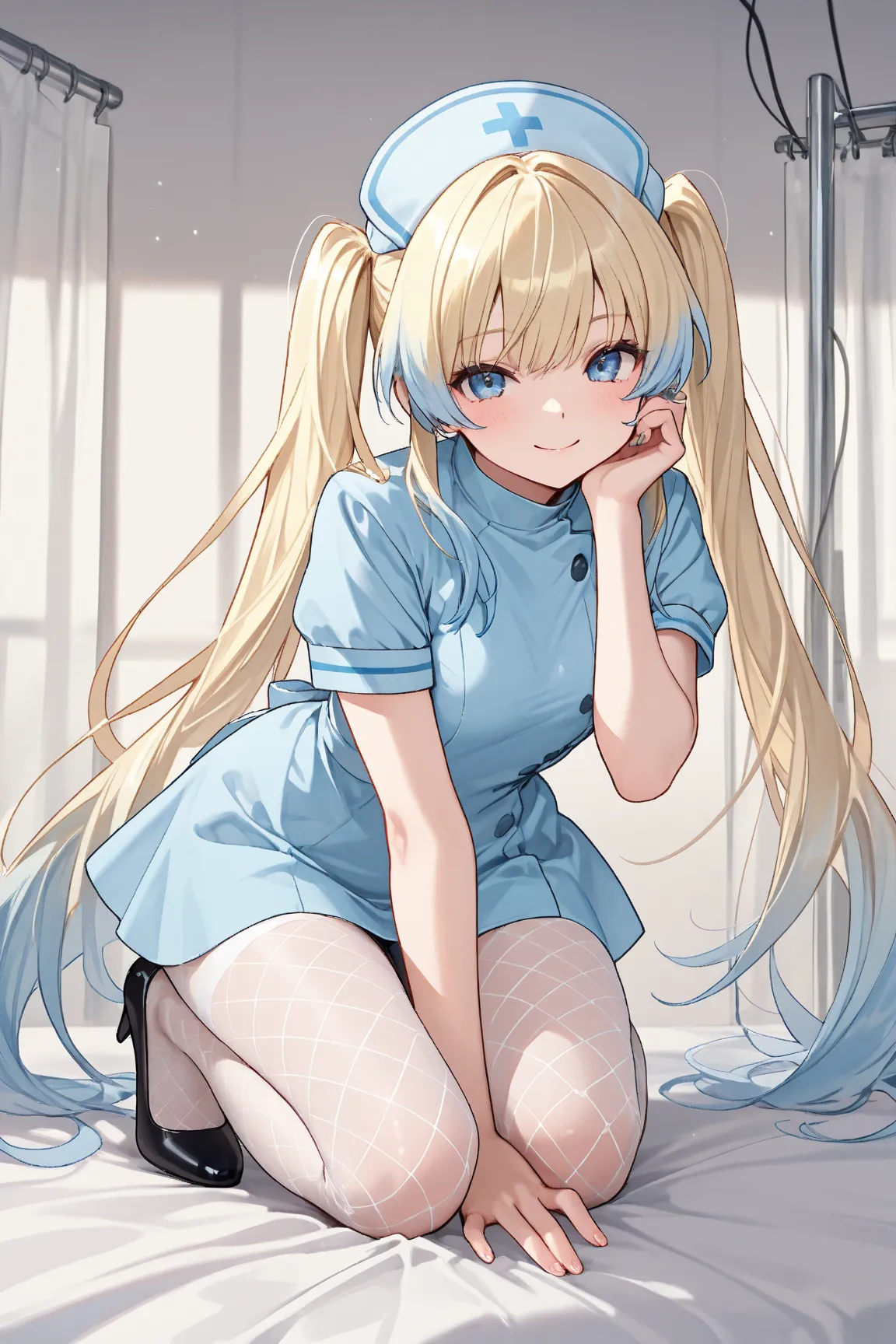  masterpiece, top quality, best image quality, focus on her face,   ((one girl)),beautiful blonde, ((Blue hair with only the tips)), twin tails, smile,  light blue nurse clothes ,  white fishnet tights, full body, black pumps