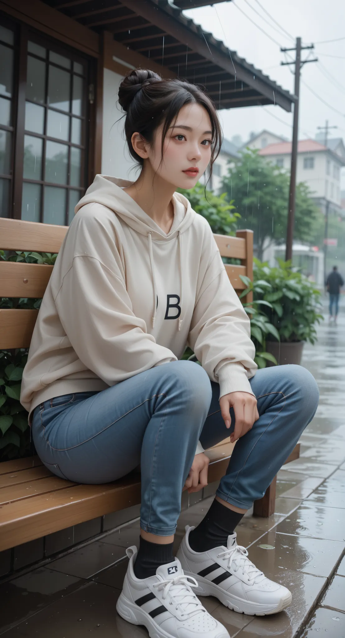 (masterpiece, high quality, 8k, high_res), 、Hairstyle bun、a girl sits on a bench in the rain and looks at the sky,、dressed in a sweatshirt, jeans and sneakers、black socks、、 

