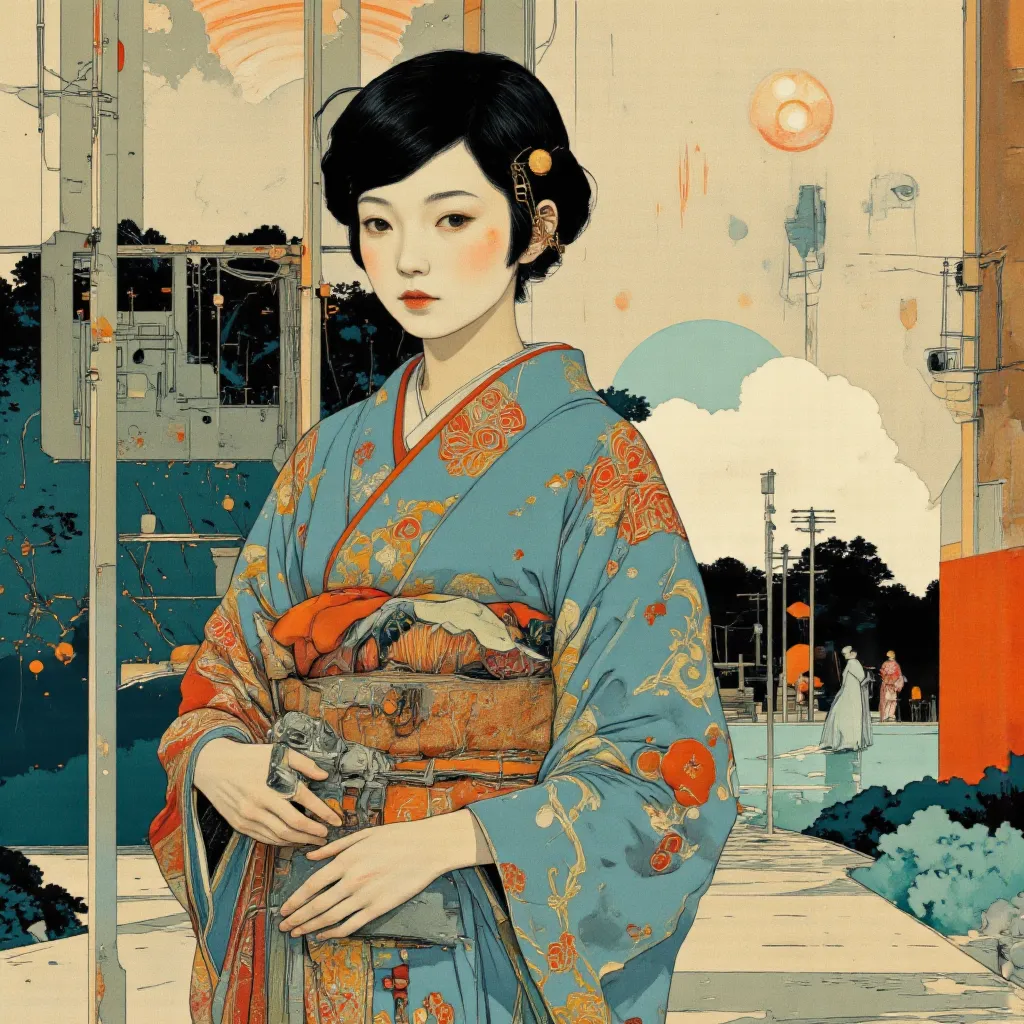 By Matsumoto Taiyo. High quality design aesthetic, disco, funk, synth pop, nostalgic, detailed, simple, melancholic, pop album cover, Japan, Japanese woman, young geisha, kimono.