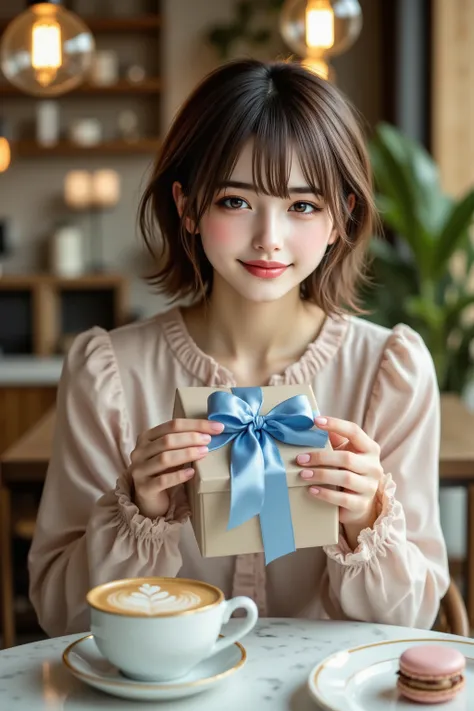 A breathtakingly realistic photograph of a stylish young woman with soft wavy brown hair and delicate makeup, sitting at an elegant café table, receiving a beautifully wrapped White Day gift. The gift is a beige-colored box adorned with a silky blue ribbon...
