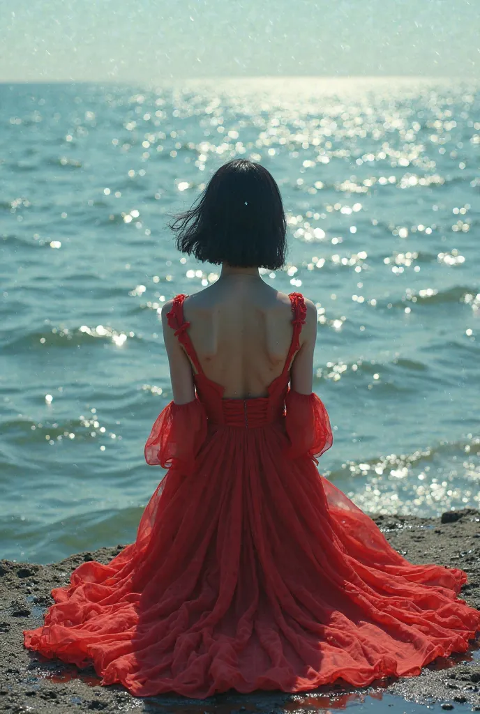 A woman with light black hair, her face not visible, sitting by the sea from behind, wearing a red dress with sleeves.

