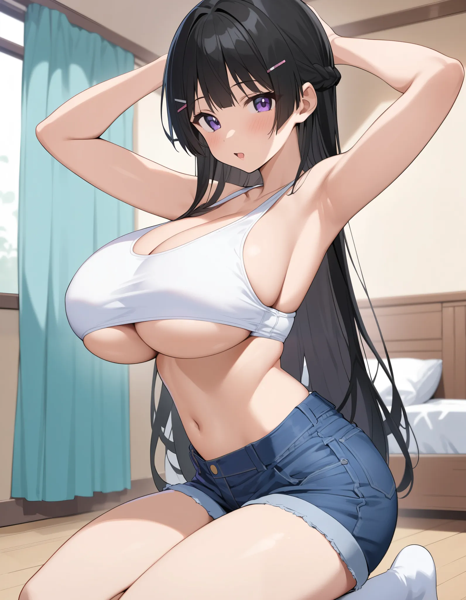 top quality、white sports bra、Underboob、 denim shorts 、 high socks、navel、Tsukino Mito、Nijisanji、 black hair、long hair、hair clip、purple eyes、cleavage、Big Breasts、Big Breasts、Big Breasts、 (Big Breasts:1 . 3)、bedroom、solo、 happy、squats、Turn Your Arms Behind Yo...