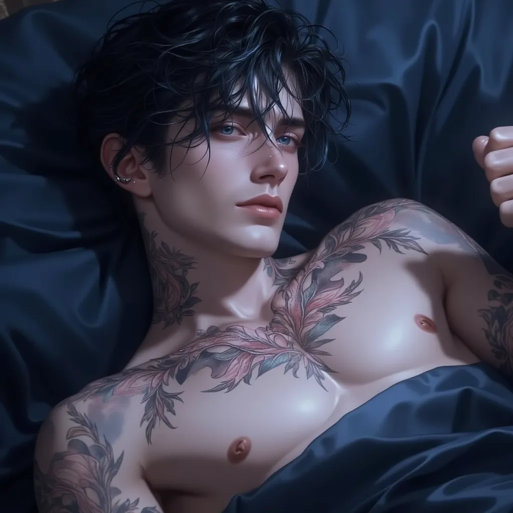 A strikingly attractive young man with messy black hair featuring blue highlights, intense blue eyes, and pale skin. He has multiple piercings on his lips and ears. His body is covered in intricate floral and ornamental tattoos, extending from his neck to ...