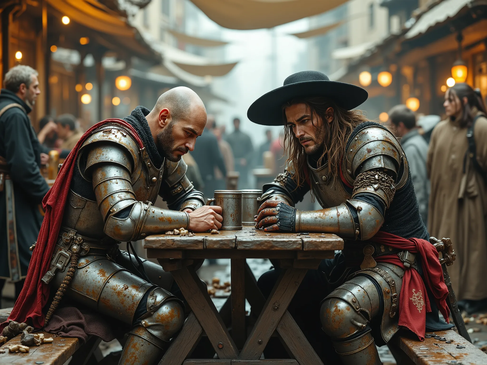 2 people sitting at a table in a crowded, rowdy medieval beergarden: Person 1: A haggard, Caucasian male knight in dented, blood-streaked platemail armor sitting at a scarred picnic table in a crowded, rowdy medieval beergarden, shaven brown hair crewcut m...