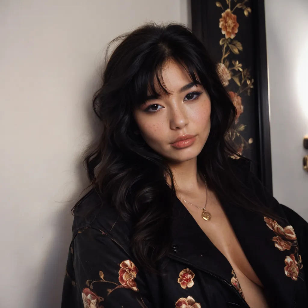 a young Asian japanese woman, 20 years old, black blouse, coat black, long black hair with bangs, black eyes, full lips, light makeup, highly detailed facial features, freckles, fair skin, sensual and delicate features, large breasts, necklace gold, big bo...