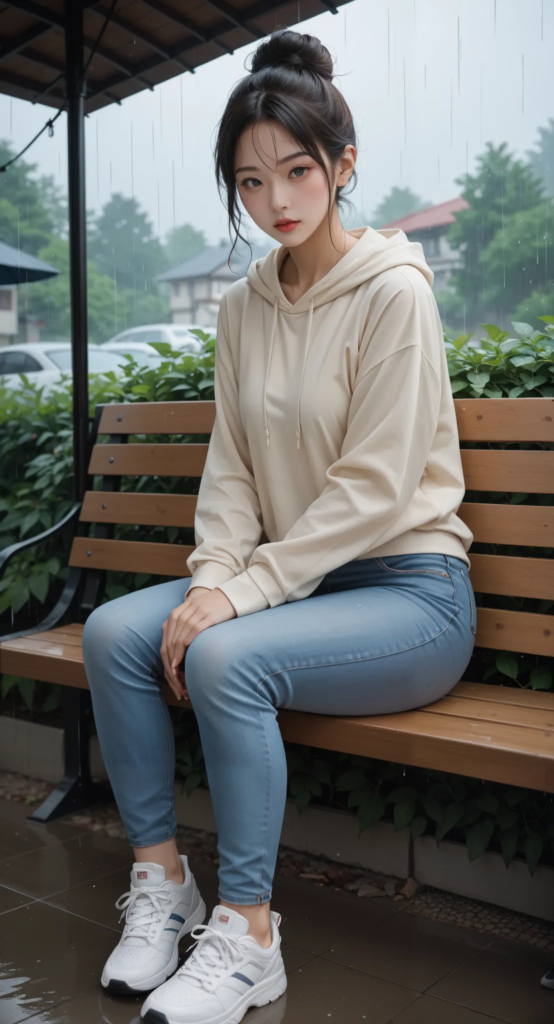 (masterpiece, high quality, 8k, high_res), 、Hairstyle bun、Neat Korean Woman 、a girl sits on a bench in the rain and looks at the sky,、dressed in a sweatshirt, jeans and sneakers、Thin pantyhose、、 

