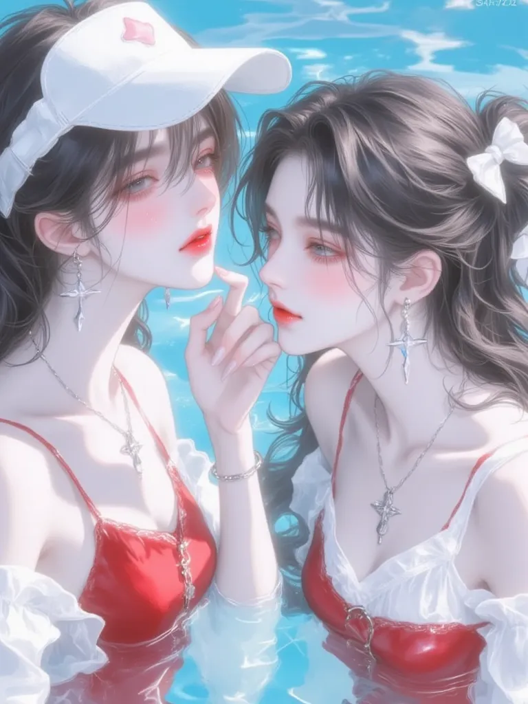 Two young women with long black hair, wearing red and white swimsuits. One wears a white visor, playfully touching her cheek, with her hair in two pigtails. The other has a white bow in her hair, looking down with a gentle smile. They are in a clear blue s...