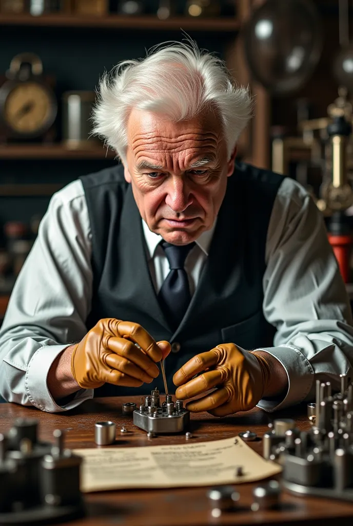 A portrait of Thomas Edison in a lab, working on inventions with a determined expression.
