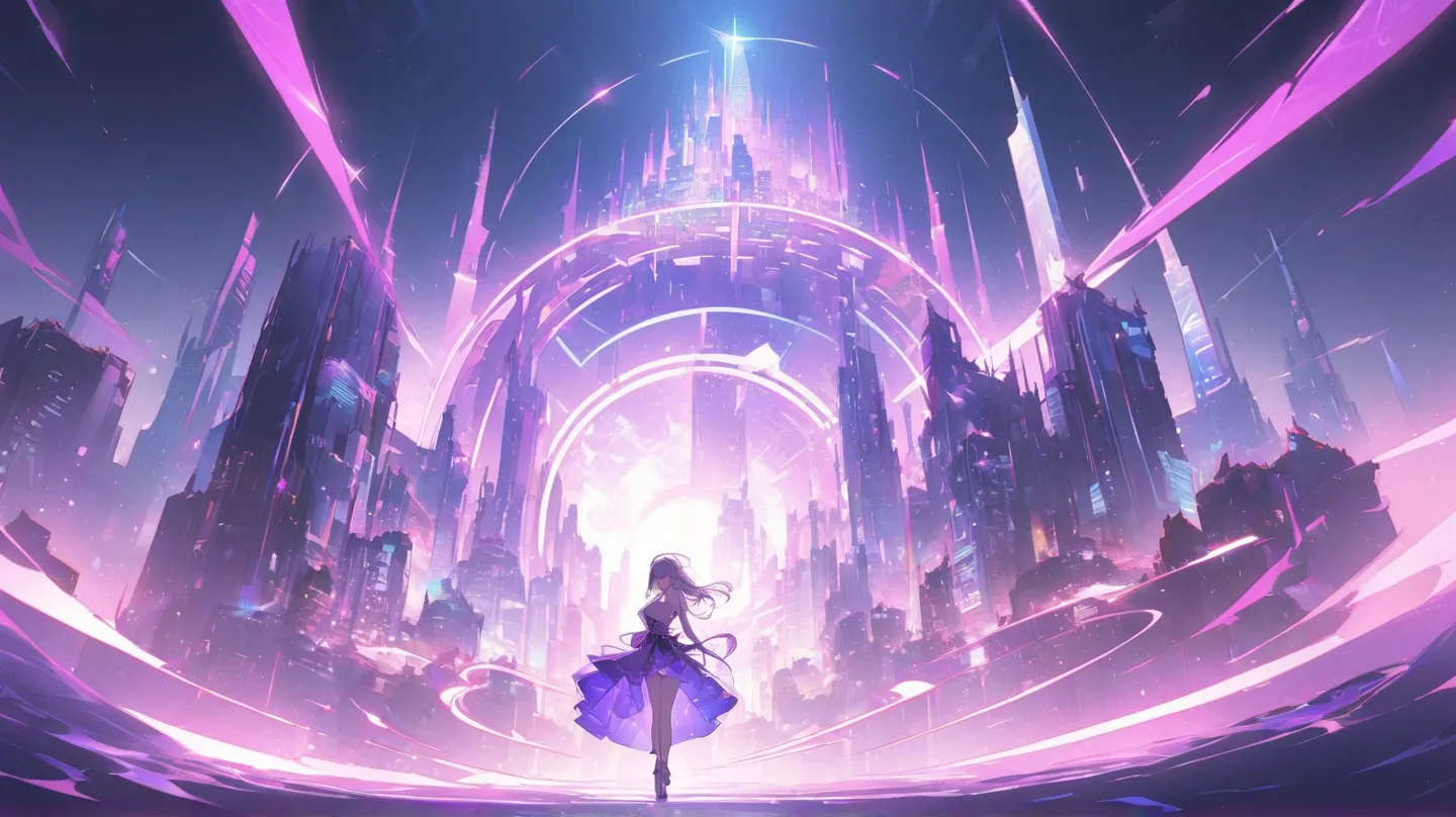 Night view of a futuristic city、Background with a neon colored synthwave grid spreading。A silhouetted DJ or dancing character is placed in the center、add a trajectory of light to express the flow of time。pink、blue、with a fantastic purple color scheme、make ...