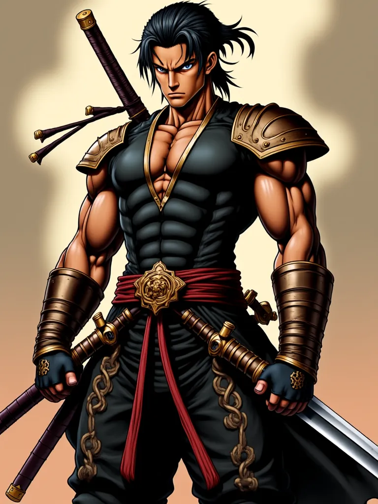 anime style, Tall and athletic man , brown skin, creepy black hair tied, Wide Face, Shihakusho preto, Cabassa alla waistband, Parts of Armadura by Samurai Marrom,A big and giant sword