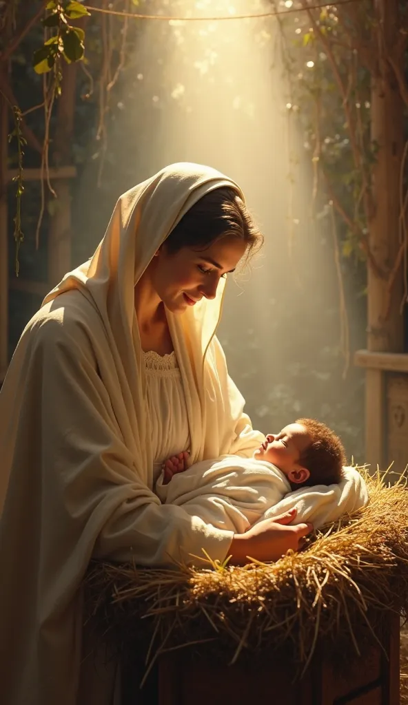 Mary looks at the baby Jesus in the manger, While surrounded by the rays of heavenly light.