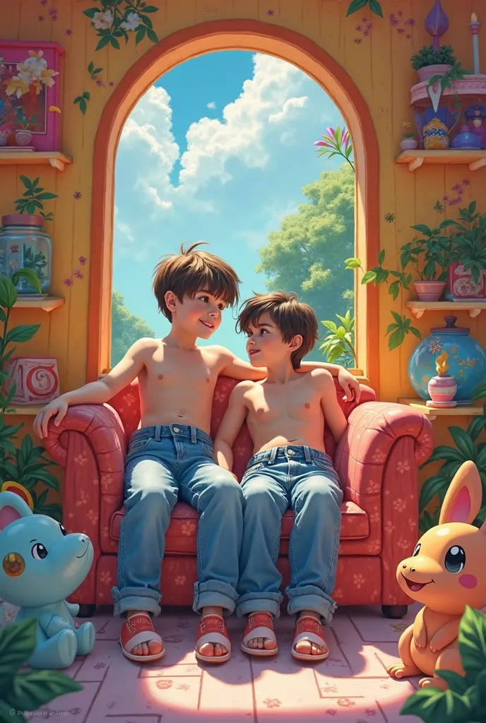 two boys relaxing in their high-waisted mom jeans shirtless colorful playhouse Pokemon style