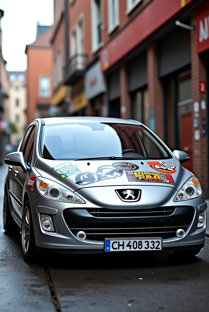 Peugeot 307 4-door hatch 2010 silver, with gang style stickers 