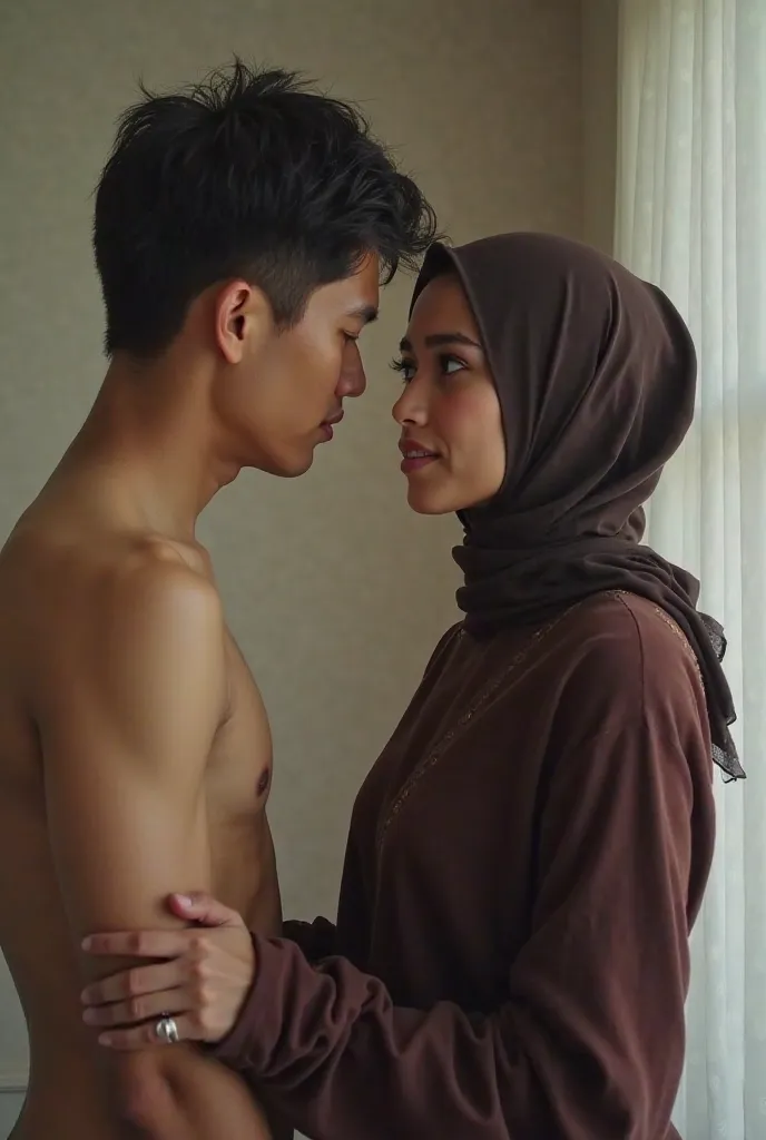 a young man with short black Asian hair without a single thread of clothing inserts his penis into the ass hole of a beautiful hijab-wearing woman from behind and the woman faces the front.