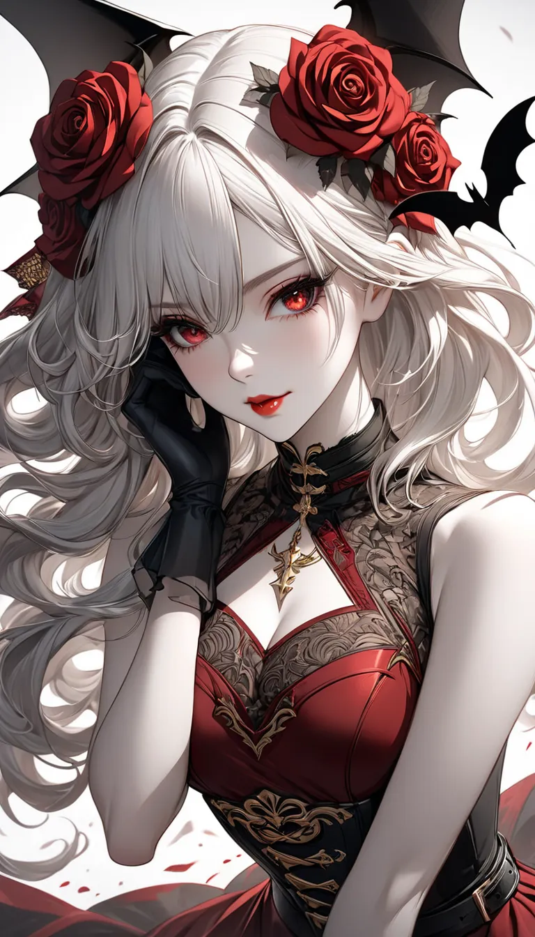 an elegant vampire woman, mature European Woman, hot model, Her long, silky and messy white hair flows freely over her shoulders, long bangs covering one of her eyes. ((side-swept)) hair style, enhancing her effortlessly alluring appearance. Her pale white...