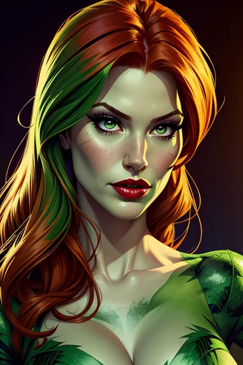 DC Comics' Poison Ivy. Poison Ivy has lovely makeup on her face. Poison Ivy wears red lipstick. Comic-style realism animation mixed with digital painting. Polished and realistic effect. Emphasis on detailed expressions and smooth gradients giving a balance...