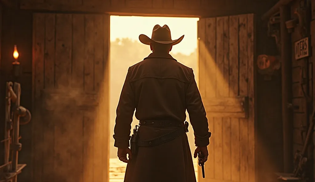 The cowboy pushes open the creaking saloon doors, his silhouette cutting through the golden light outside. He wears a faded brown duster, dusted from long rides across the plains. His hat, tilted slightly forward, hides piercing eyes that scan the room fil...