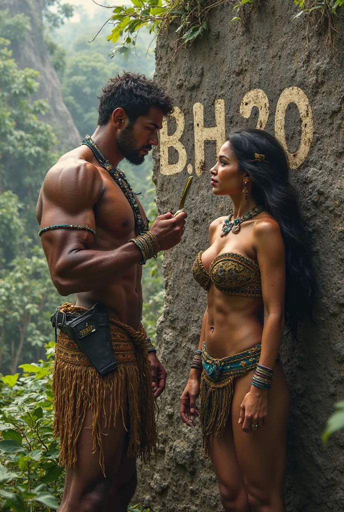 A well built, handsome youngman with a pretty big breasted young girl from Papua new Guinea writing the initial B.H.2.O on a stonewall with a bushknife