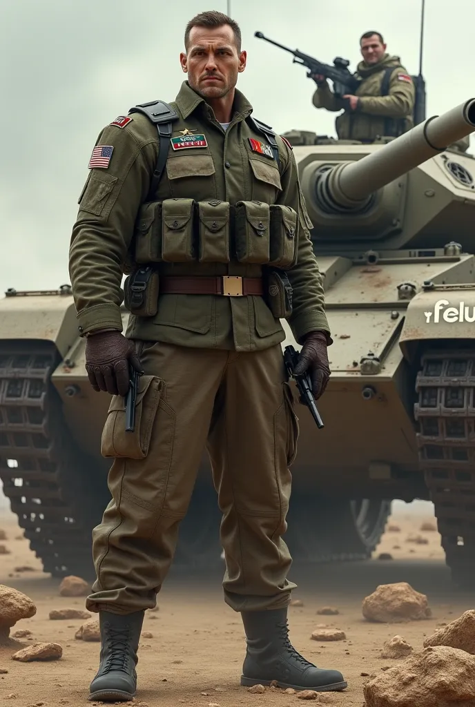 Sturdy soldier in military uniform and on his right arm a text that reads "SR AZTEKA" ,driving a war tank, who has the text FELU on the left side 