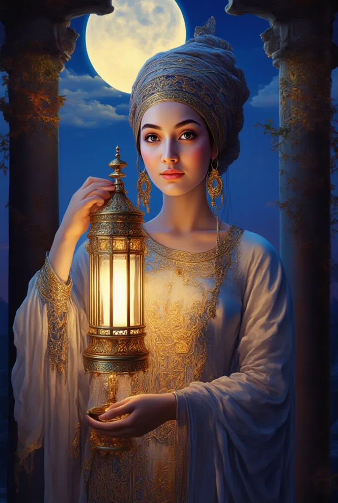 ""Soft Women Wearing A Headscarf And Caftan Holding A Lantern In A Temple Looking To The Full Moon,Soft Smile,Highly Detailed ,Intricate Details,Soft,Pastel,Art By Greg Rutkowski,Ethereal, Masterpiece" celestial, mystical,Masterpiece"

 Qualité Meilleure, ...