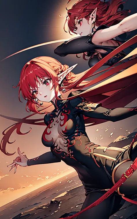 The cute demon girl with a height of 175cm medium breasts long red hair and red eyes pale skin elf ears small black leathers black bodysuit 