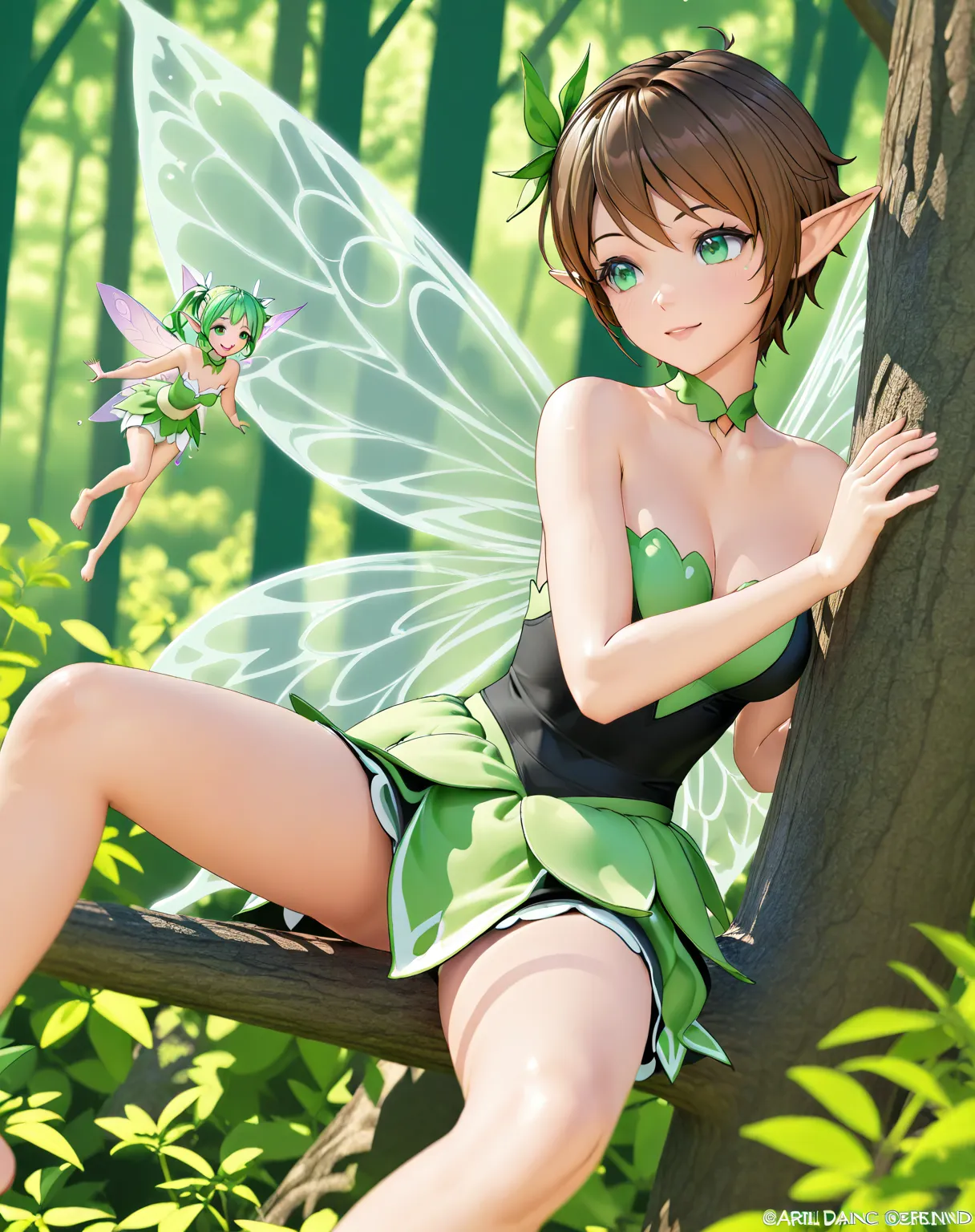  rendering of a 、 winged anime girl in green and black costume 、Green background, Pixie character, Fairy, forest Fairy, Girl using insects , brunette elf with Fairy wings, Pixie,  cute 3d anime girl rendering , April Rendering, Fairy dance, opens legs  