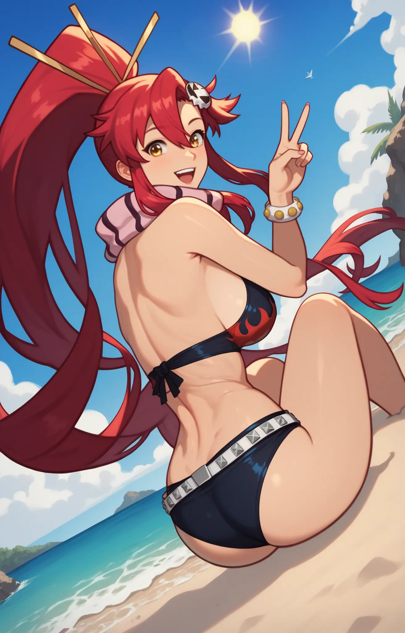 score_9, score_8_up, score_7_up, score_6_up, score_5_up, score_4_up, BREAK source_anime,1girl, clothed, yoko littner, v, in beach, sunny , sea, sand, sun, by nilsunna, looking at viewer, happy, dutch angle, curvy