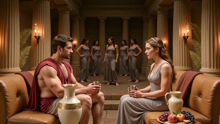 A realistic night scene in the hall of an ancient Greek palace, lit with torches. In the center, Hercules is sitting on a couch talking to Queen Hippolyta. Both are holding silver cups. The image is high definition and ultra-realistic, like a scene from a ...