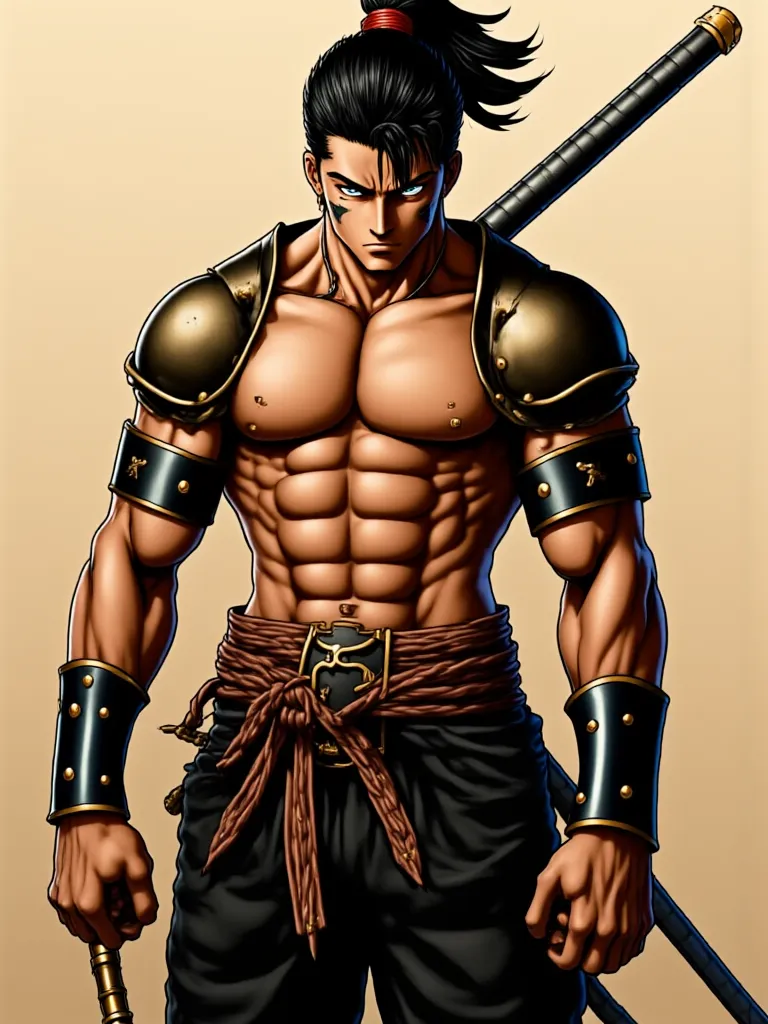 anime style, Tall and athletic man , brown skin, creepy black hair tied, Wide Face, Shihakusho preto, Cabassa alla waistband, Parts of Armadura by Samurai Marrom,A big and giant sword