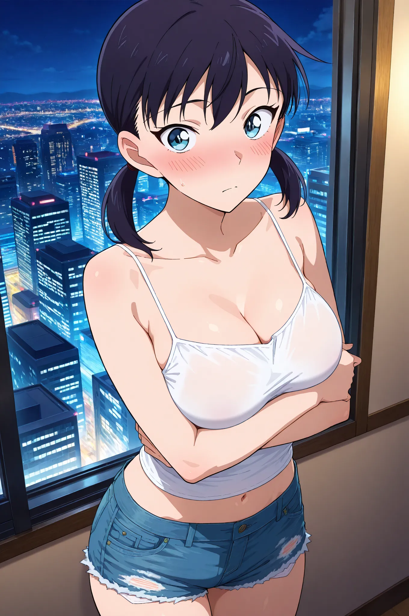 masterpiece,best quality,{{detailed beautiful face and eyes}}, very detailed background,
Miike Naeko,short hair,black hair,low twintails,light blue eyes,medium breasts,
camisole, bare shoulders, cleavage, crop top, cutoffs, denim shorts, midriff, short sho...