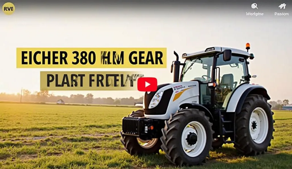 "A realistic YouTube thumbnail featuring the Eicher 380 HLM Gear parked on a farm field with a bright, attractive background. The tractor should have a clear view of its front and side profile, showcasing its design and rugged build. The text should read '...