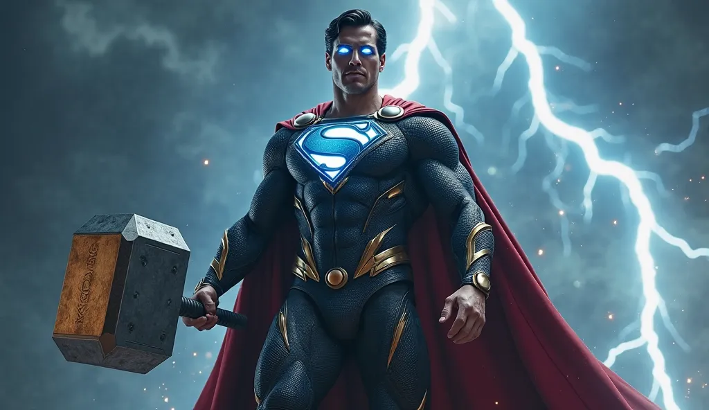 Create a realistic and cinematic full-body image of a superhero that is a fusion of Superman and Thor. The character has a muscular, athletic build with a flowing cape like Superman and majestic Asgardian armor like Thor. His face exudes power and wisdom, ...